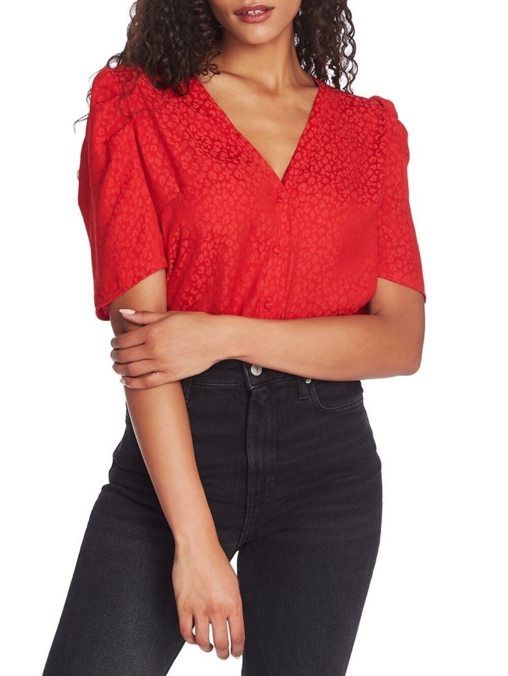 1.STATE Puff Sleeve Tonal Print Top - Red Size S